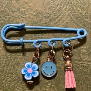 Blue Smiley and Flower Charm Safety Pin Brooch